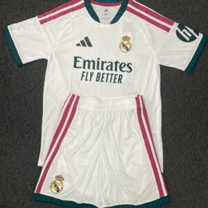Real Madrid 2026 player version football jersey with matching shorts, premium white kit for football fans, available at Kickoff Jersey.
