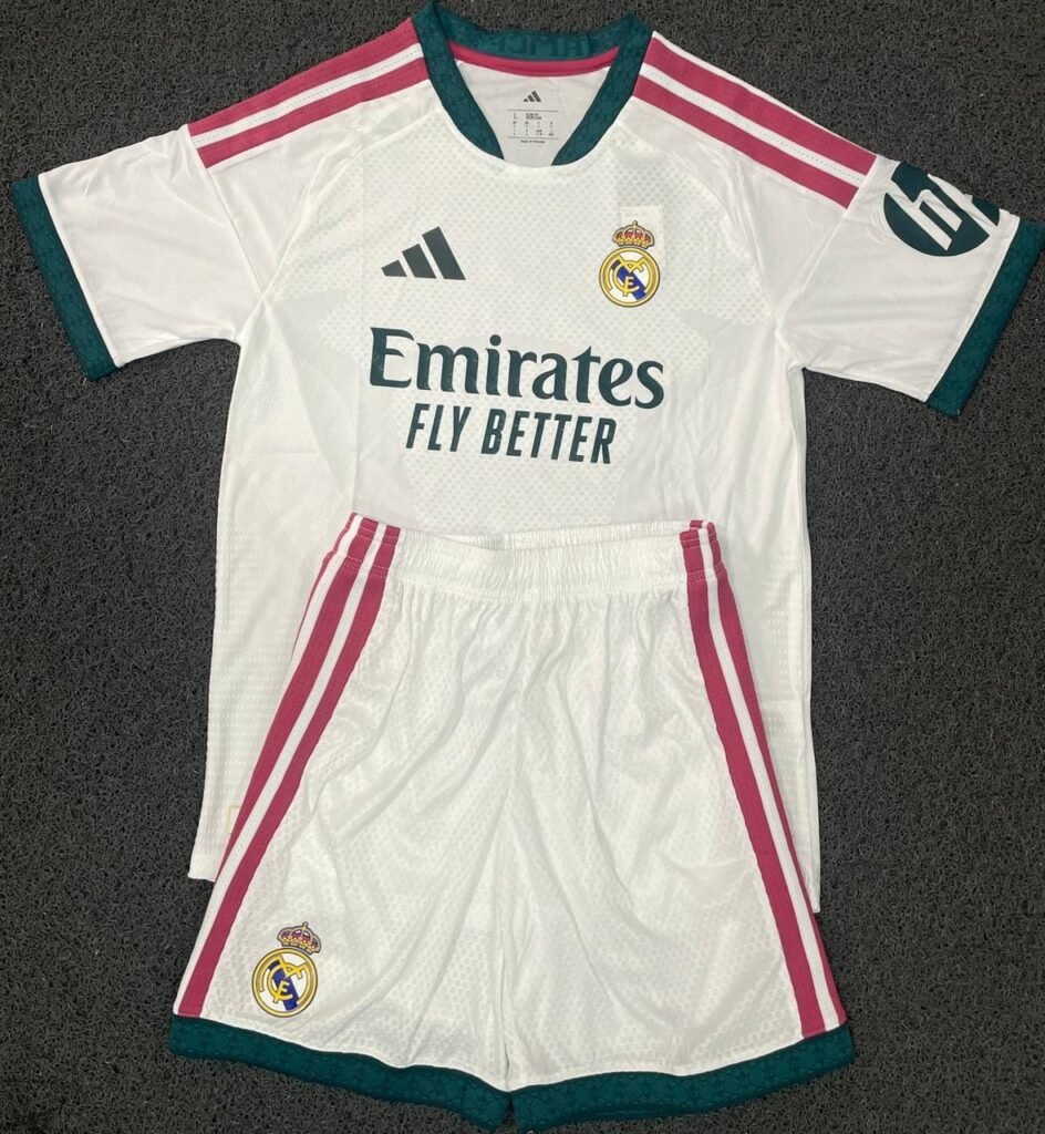 Real Madrid 2026 player version football jersey with matching shorts, premium white kit for football fans, available at Kickoff Jersey.